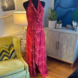 Sleeveless Cowl Neck Maxi Dress in Rich Fuchsia Print